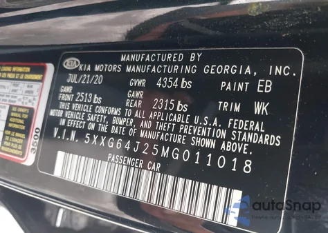 2021 Kia K5 Gt-Line из США, поврежденный, VIN 5XXG64J25MG011018